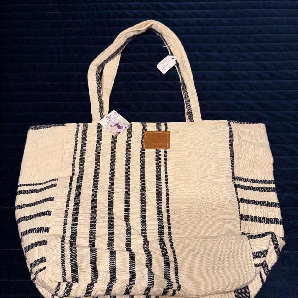 Sseko Cream Canvas Tote with Navy blue Stripes